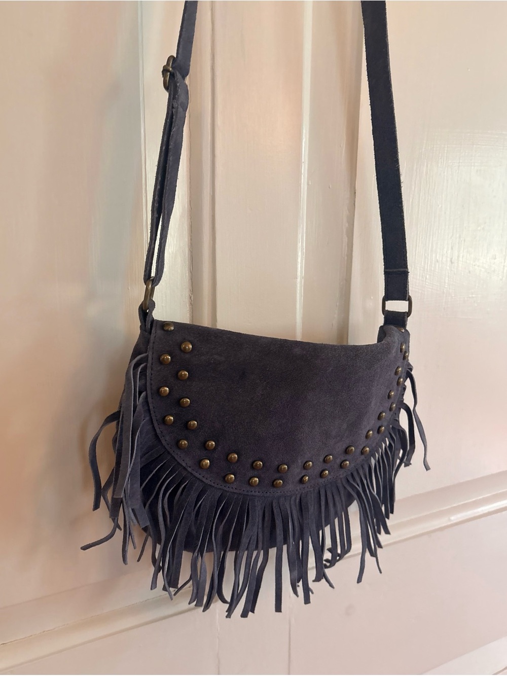 Genuine Suede Fringe Crossbody Bag Studded Boho Western Gray Charcoal Navy blue